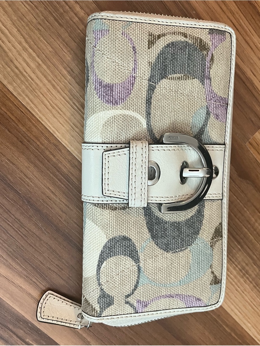 Coach Cream Canvas Wallet with Gray and Purple Signature C Pattern